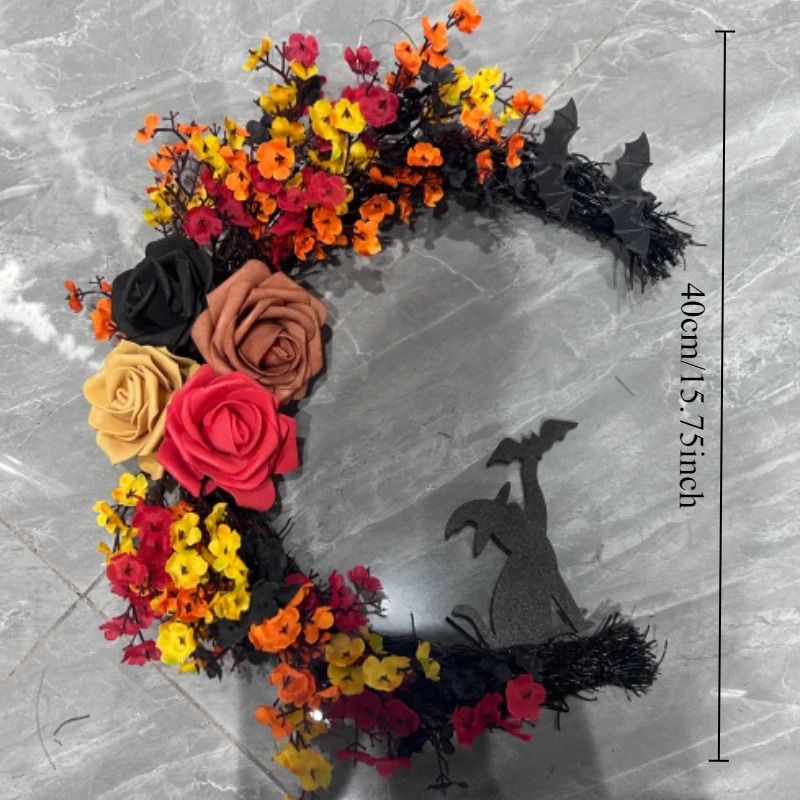 Gothic Halloween Wreath with Roses and Witch Cat Silhouette