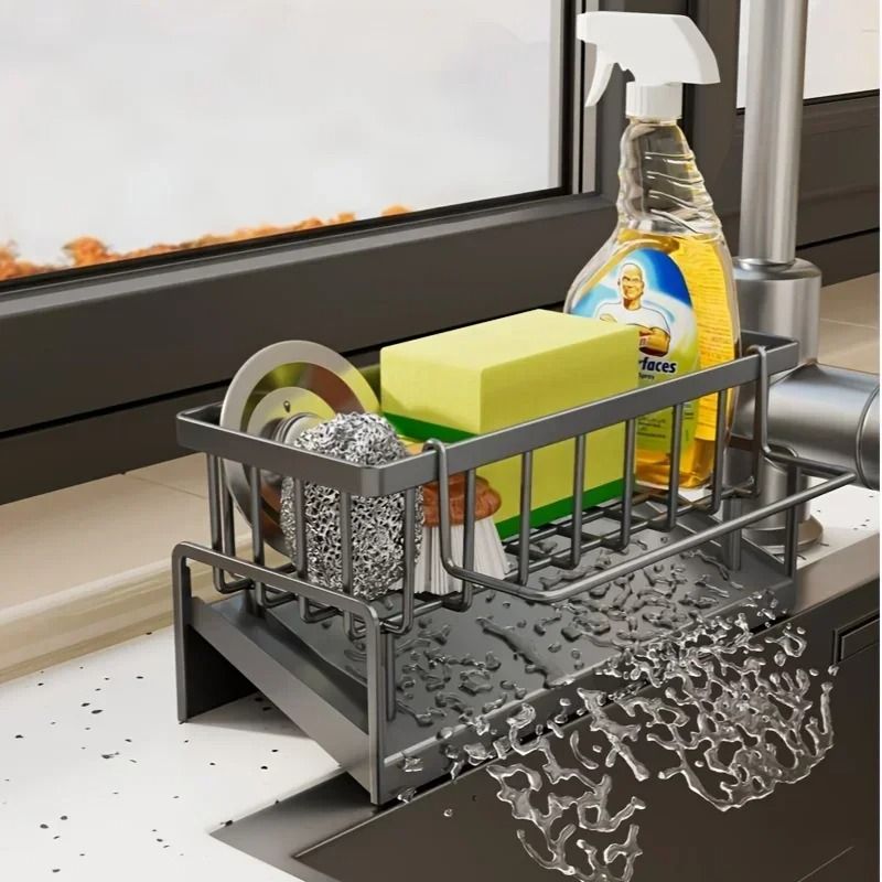 Drill Free Kitchen Sink Organizer Rack with Sponge and Soap Storage