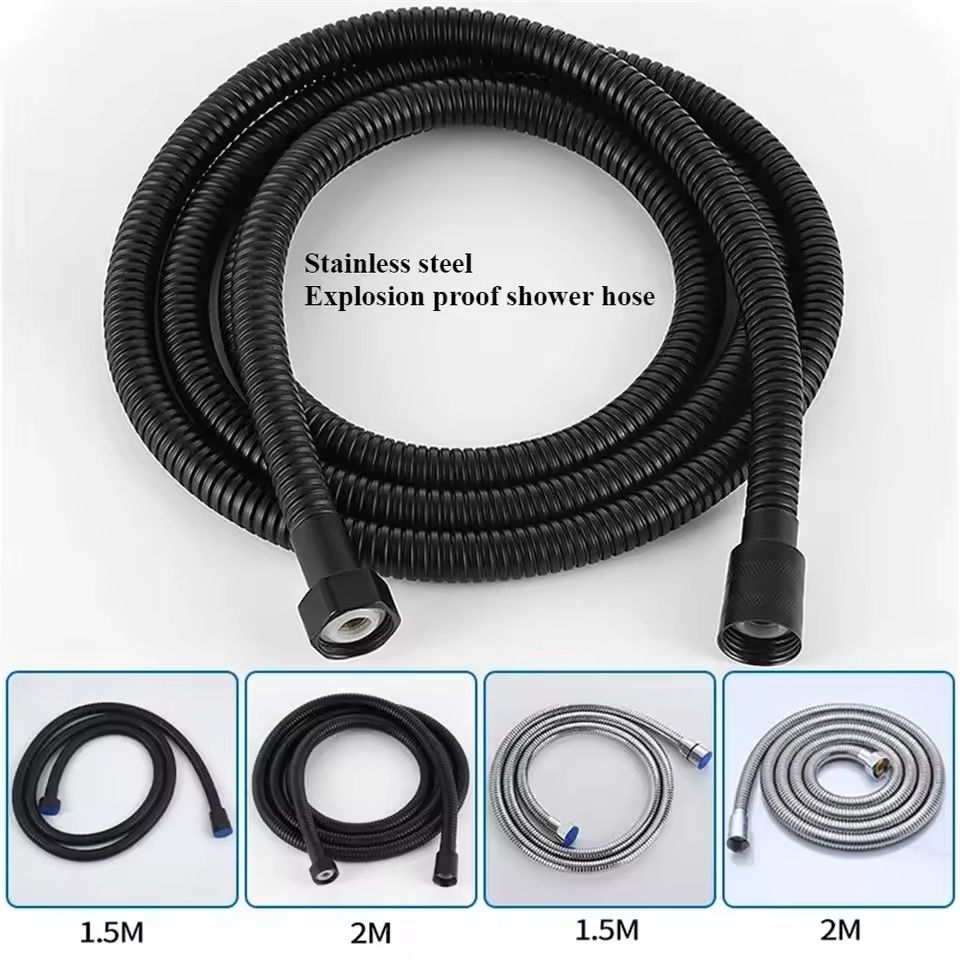 Flexible SUS 304 Stainless Steel Shower Hose – 1.5 m / 2 m (Black / Silver) Bathroom Extension Pipe