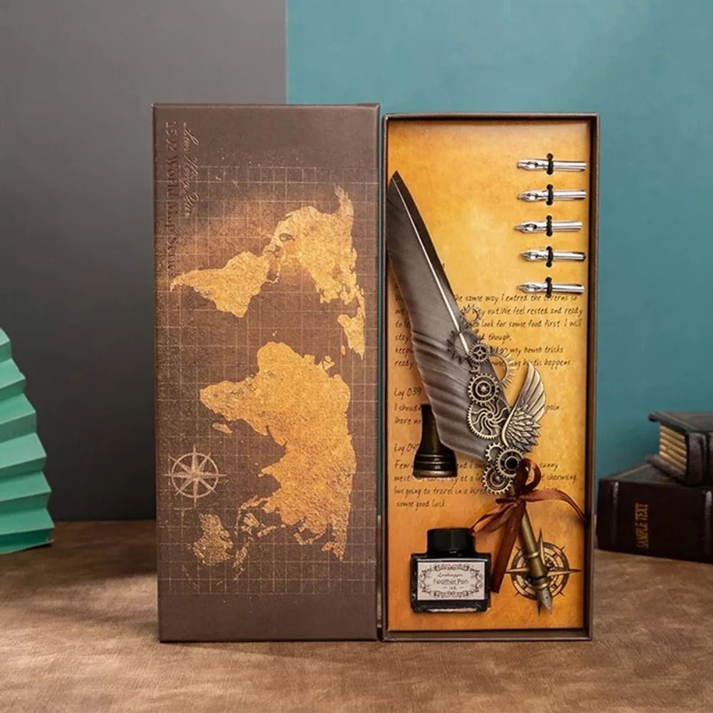 Antique Feather Dip Pen Calligraphy Quill Pen Set with Mechanical Wing Base