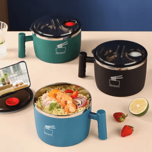 Stainless Steel Instant Noodle Bowl with Lid Sealed Portable Drain Bowl