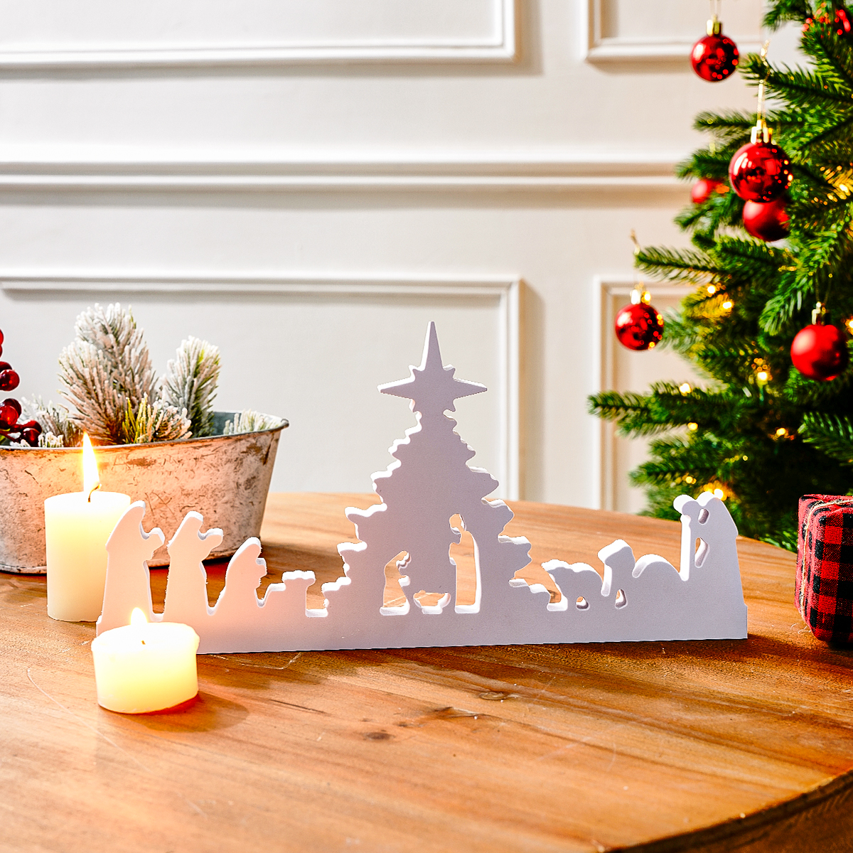 Simple White Nativity Silhouette, Snowflake Board Christmas Home Desktop Decorative Item
