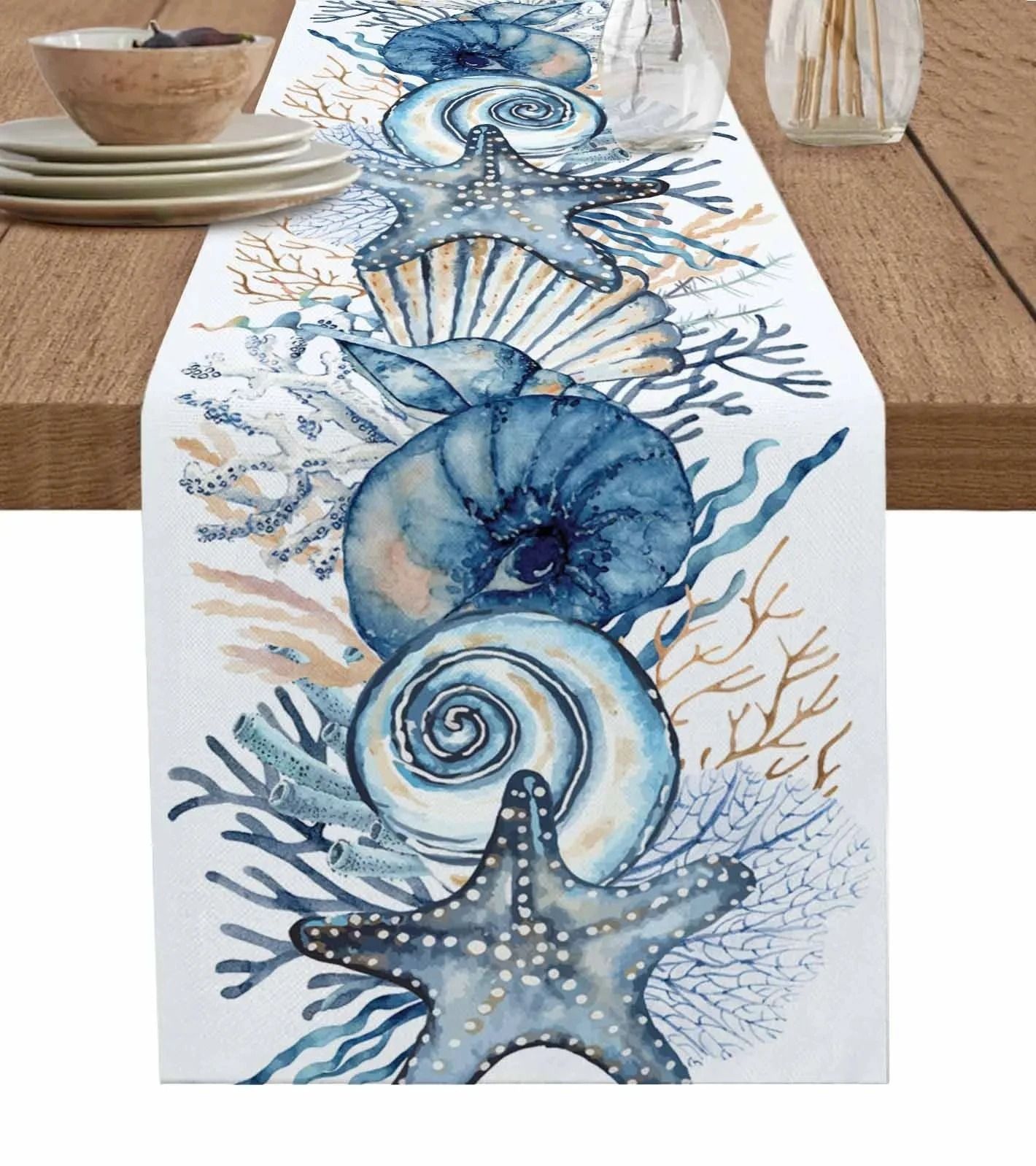 Coastal Ocean Linen Table Runner Beach Theme Dining Decor