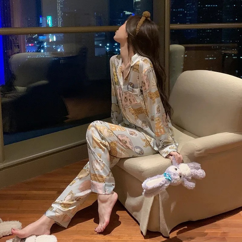 Women Cartoon Sleepwear Autumn Winter Pajamas Long Sleeve Long Trousers HomeWear Loungewear Nightwear