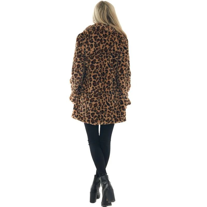 Womens Leopard Faux Fur Coat | Premium Winter Streetwear Overcoat & Casual Turn-Down Collar Jacket