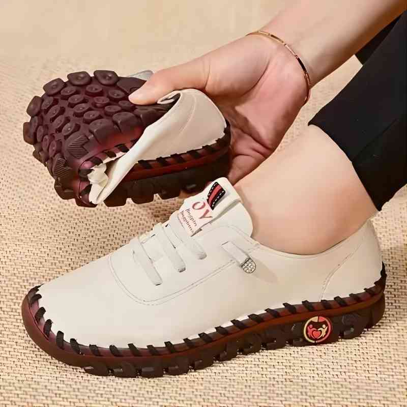Soft Comfortable Flat Shoes for Women, PU Leather Lace-Up Vulcanized Casual Sneakers