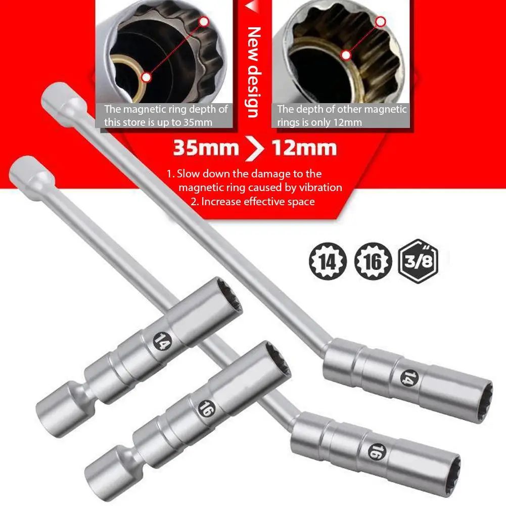 3/8 Inches Drive Magnetic Swivel Spark Plug Socket Set 14mm/16mm – 12-Point Universal Joint Plug Removal Wrench
