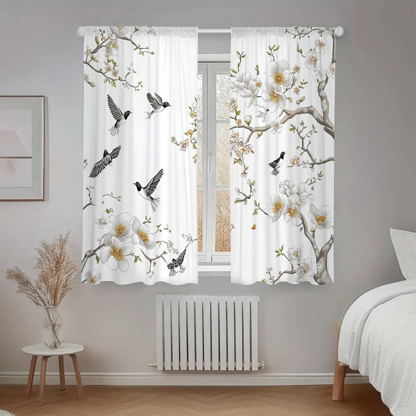 Floral Bird Print Polyester Curtain Set