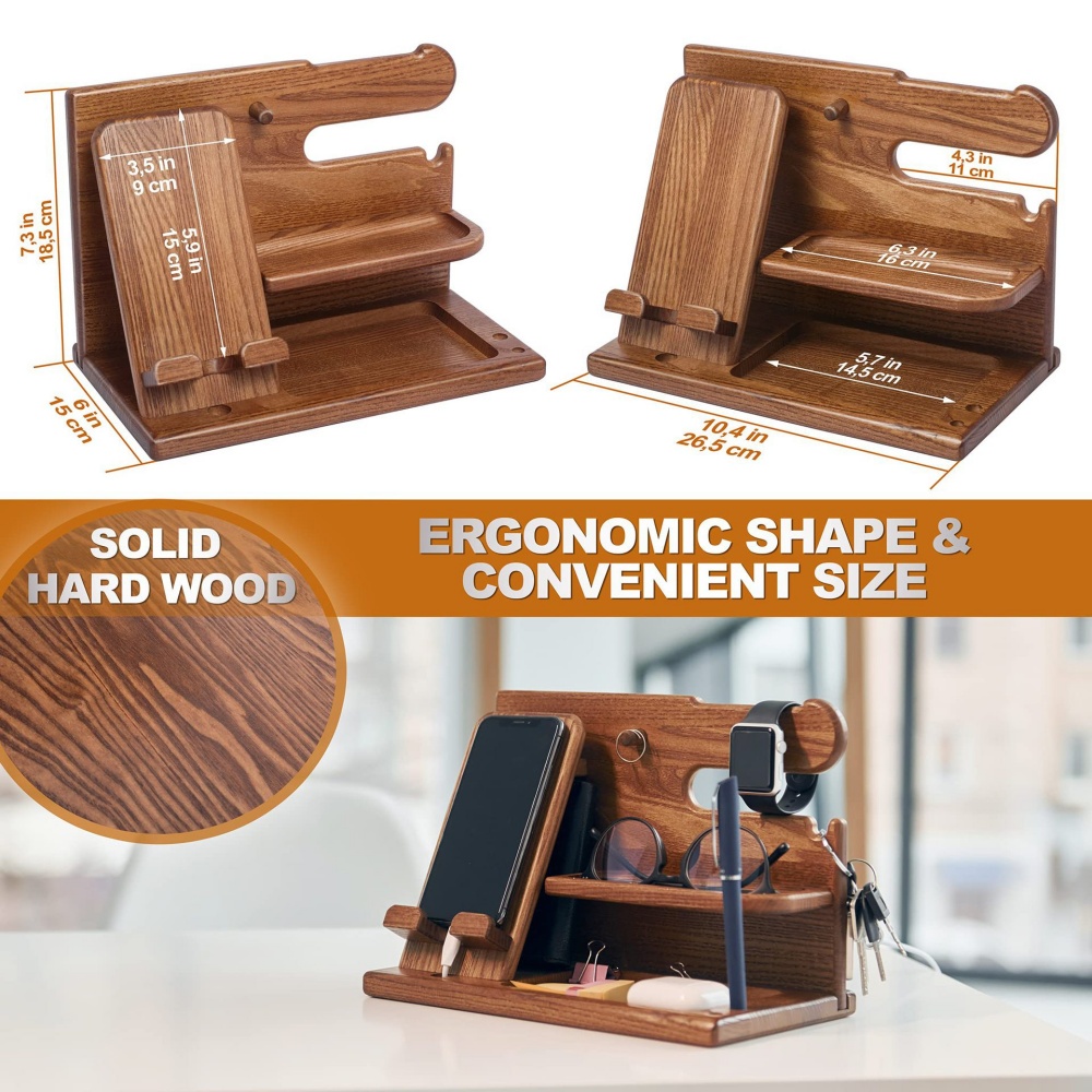 Wooden Desk Organizer, Phone Holder, Keys, Wallet, Glasses, Watch Stand, Office Desktop, Bedside Organizer, Jewelry