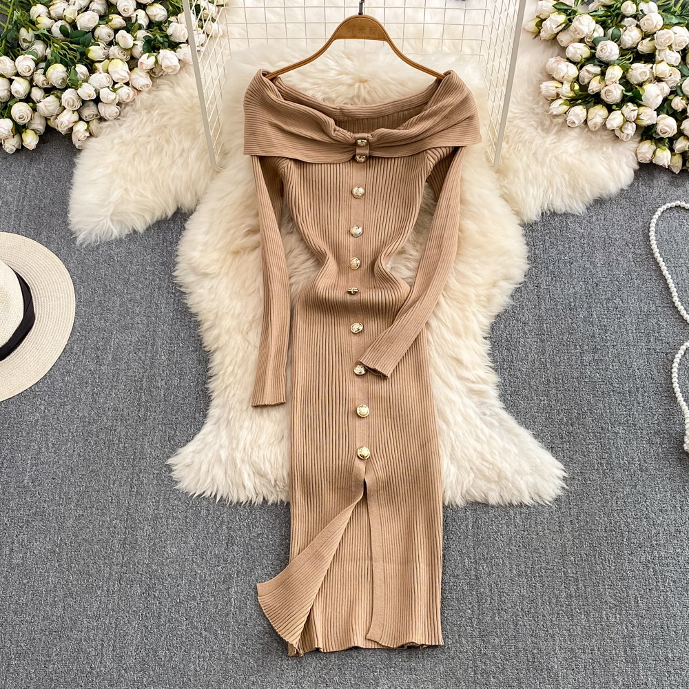 Ins Fashion Women Christmas Red Party Dress, High Waist Off Shoulders, Long Sleeve, Front Split Knitted Bodycon Robe
