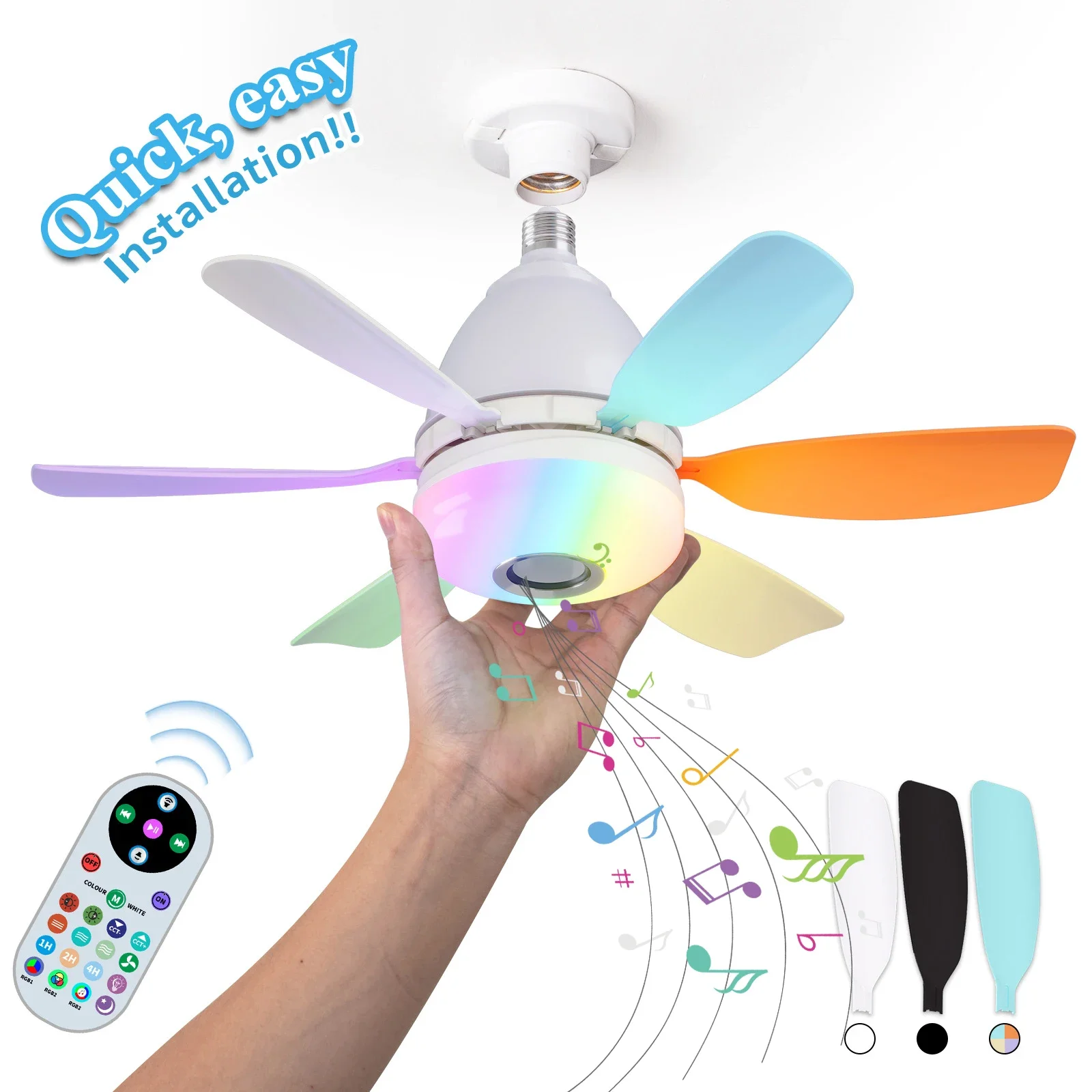 Noiseless Socket Fan Light with Remote, Small Ceiling Fans, Dimmable LED Light, Bluetooth Speaker