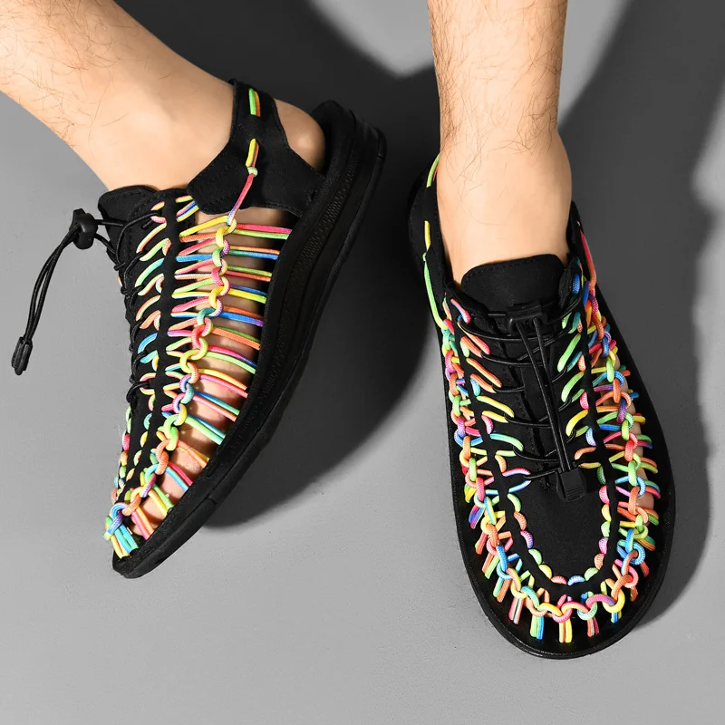 Fashion Summer Men Sandals, Handmade Weaving Design, Breathable Outdoor Casual Flat Sandals, Couples Beach Sandals