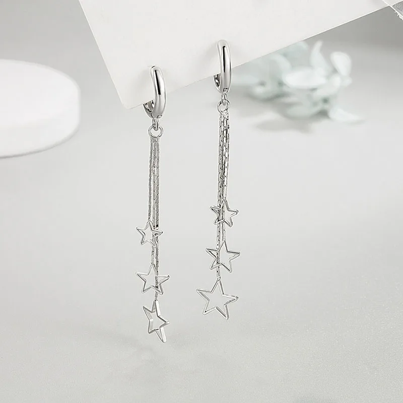 Popular Elegant Three Stars Hoop Earrings for Women, Sterling Silver with Long Tassel Design