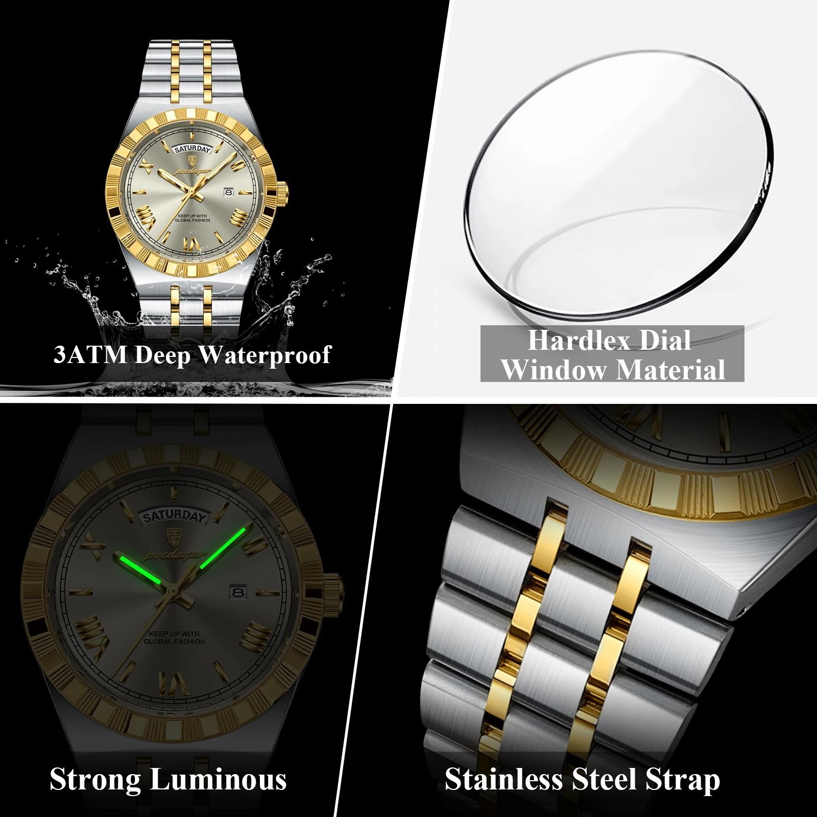 Poedagar Luxury Business Men Watch with Week and Date Display