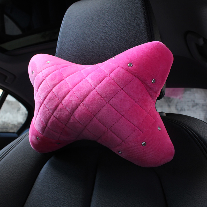 Auto Bone-Shaped Headrest, Pink Super Plush Car Neck Pillow, Seat Support Waist Pillows for Women Car Interior Accessori
