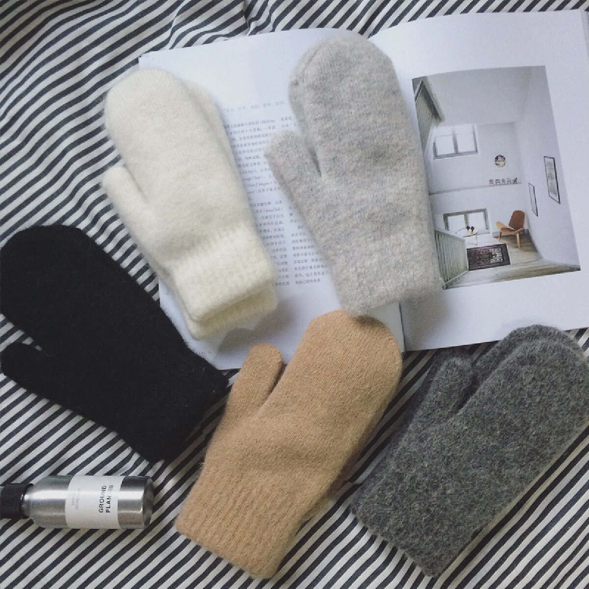 Winter Women Soft Cashmere Mittens Gloves with Imitation Rabbit Fur