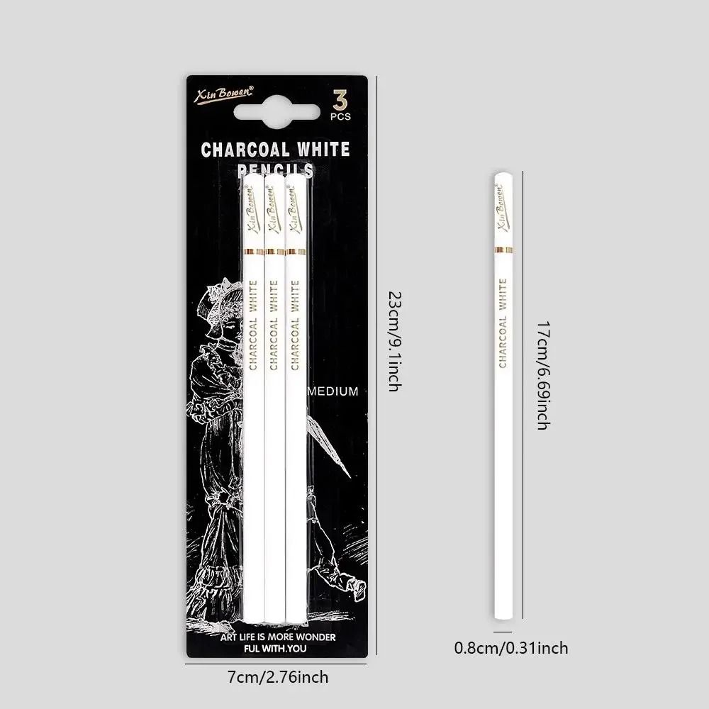 3PCS Professional White Charcoal Pencils Sketch Highlight Drawing Shading Blending Art Supplies