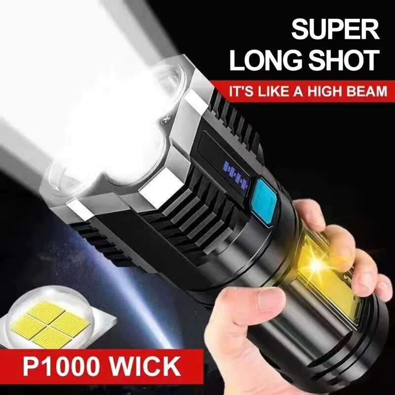High Power LED Flashlight Rechargeable Camping Torch with 4 Lamp Beads & COB Side Light 4 Lighting Modes