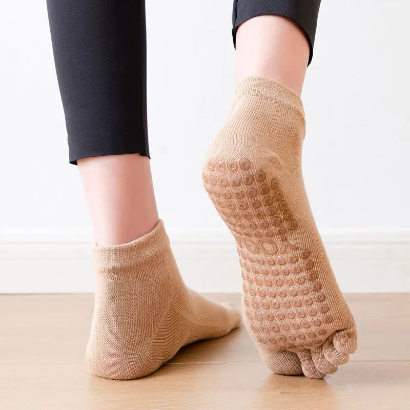 Womens Cotton Five-Toe Non-Slip Yoga Socks – Breathable Quick-Dry Pilates & Dance Fitness Grip Socks