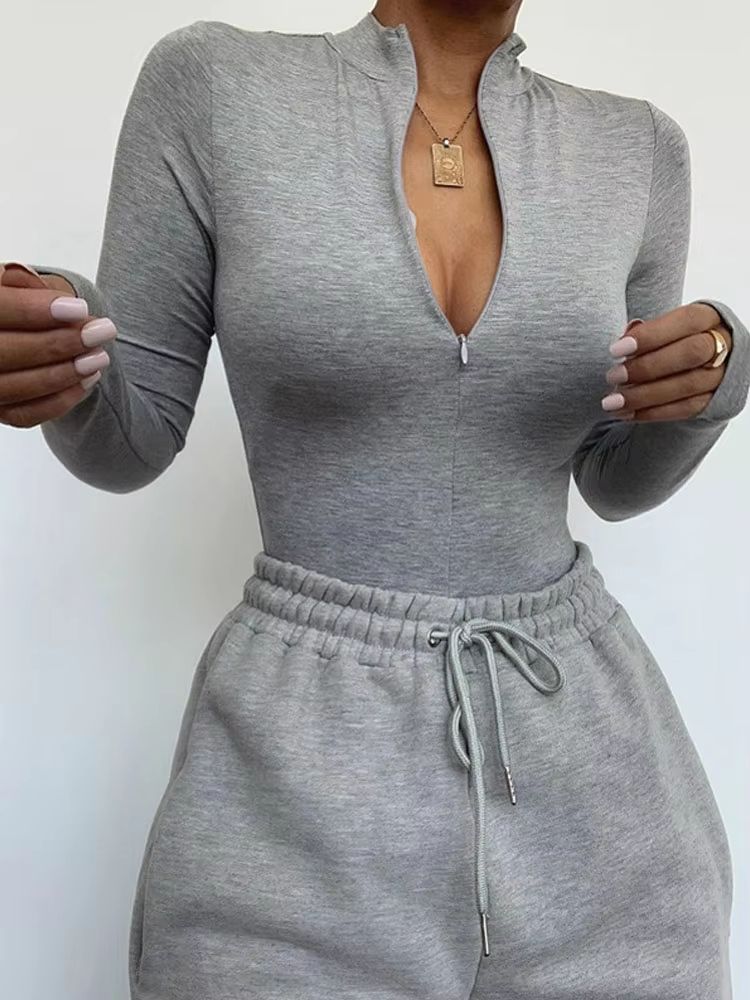 Sculpt Zip Women's Mock Neck Bodycon Bodysuit Long Sleeve Slim Fit Top
