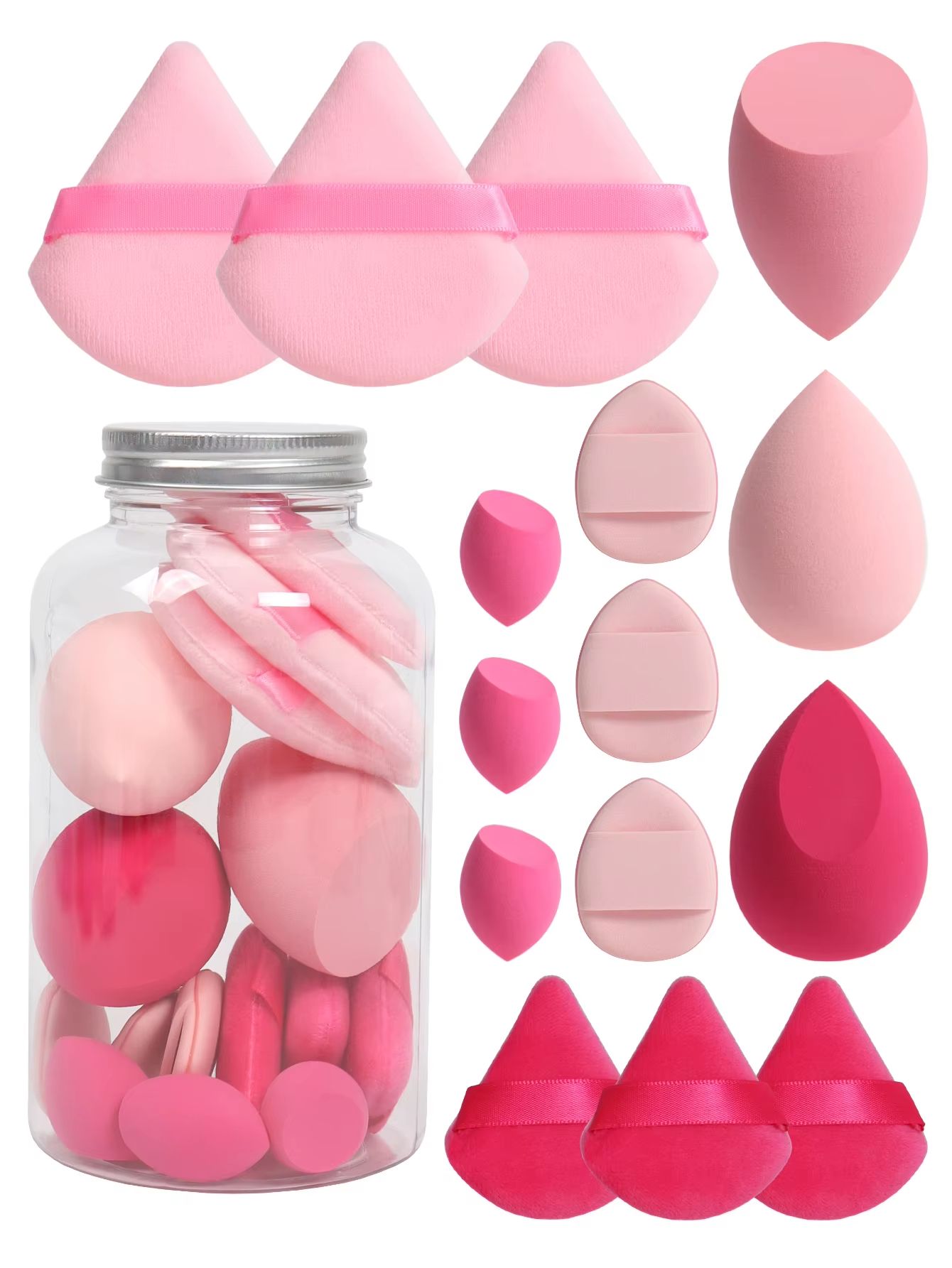 15 Piece Makeup Puff Set with Loose Powder Puffs, Mini Makeup Sponges, and Air Cushion Puffs in Travel Cans