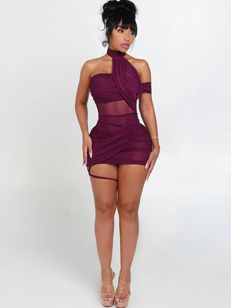 Mesh Cross Irregular Women Mini Dress, Sexy Slash Neck Sleeveless Hollow Slim Party Clubwear Vestidos Mujer