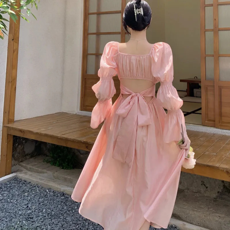 Elegant Sweet Puff Sleeves Dress Women, Long Sleeve Backless Bow Bandage Dresses, White Square Collar Party Vestidos