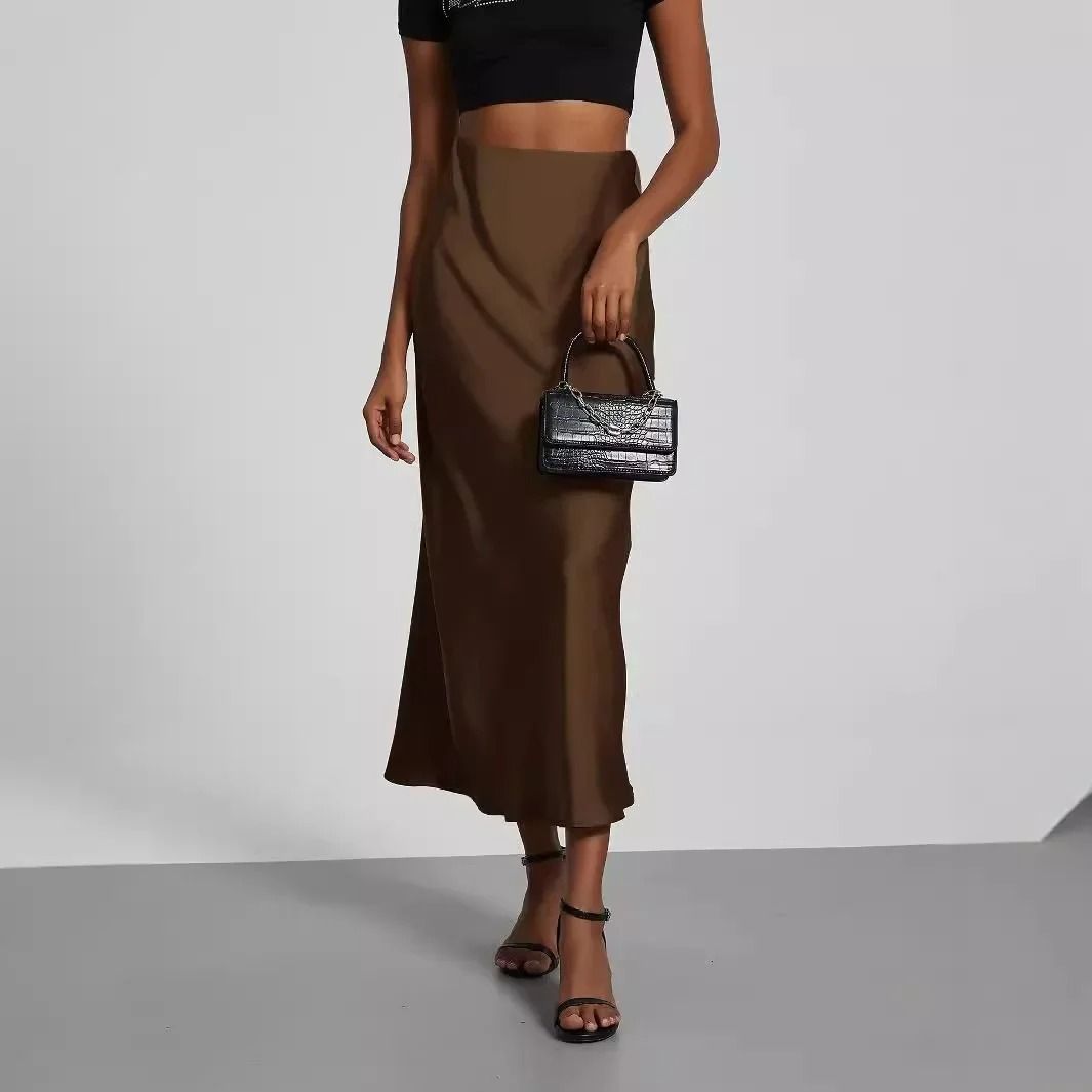 Womens Elegant Satin Midi Skirt | European Style Solid Color High-Gloss Dress & Versatile Fashion Infrastructure