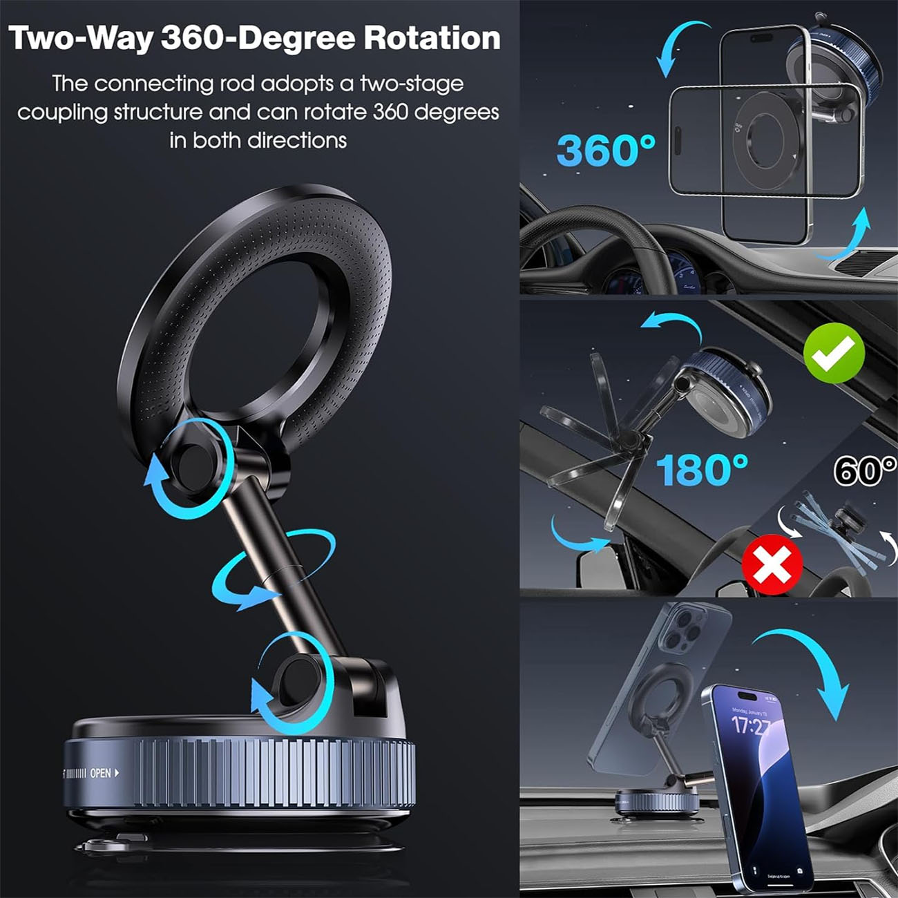 Magnetic Car Phone Mount, 360° Foldable Vacuum Magnetic Phone Holder, Hands-Free Suction Cup Phone Holder