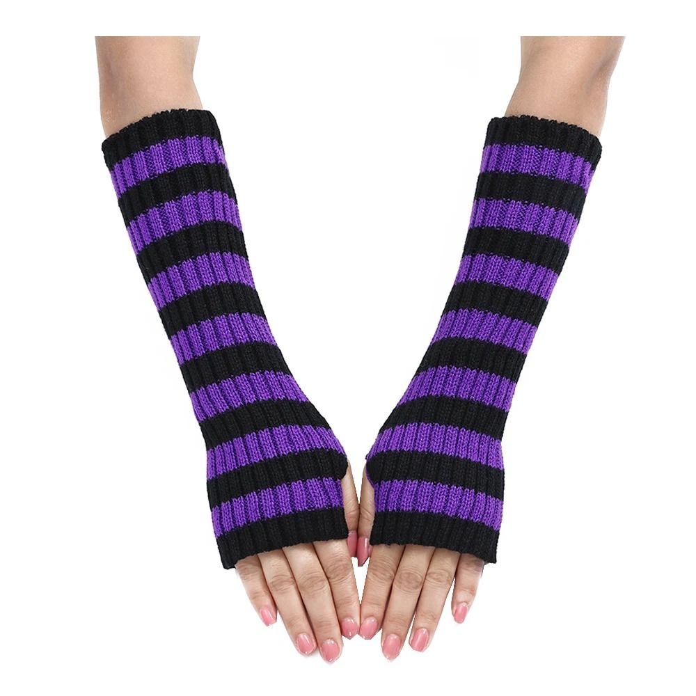Gothic Striped Fingerless Arm Warmers - Harajuku Y2K Knit Sleeves