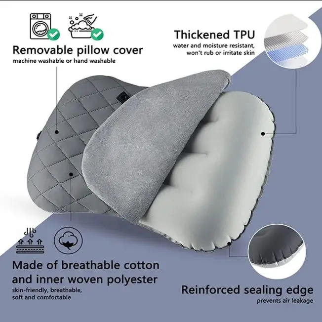 Ergonomic Inflating Camping Pillow, Travel Neck Support Cushion, Lightweight Lumbar Pillow with Soft Washable Cover