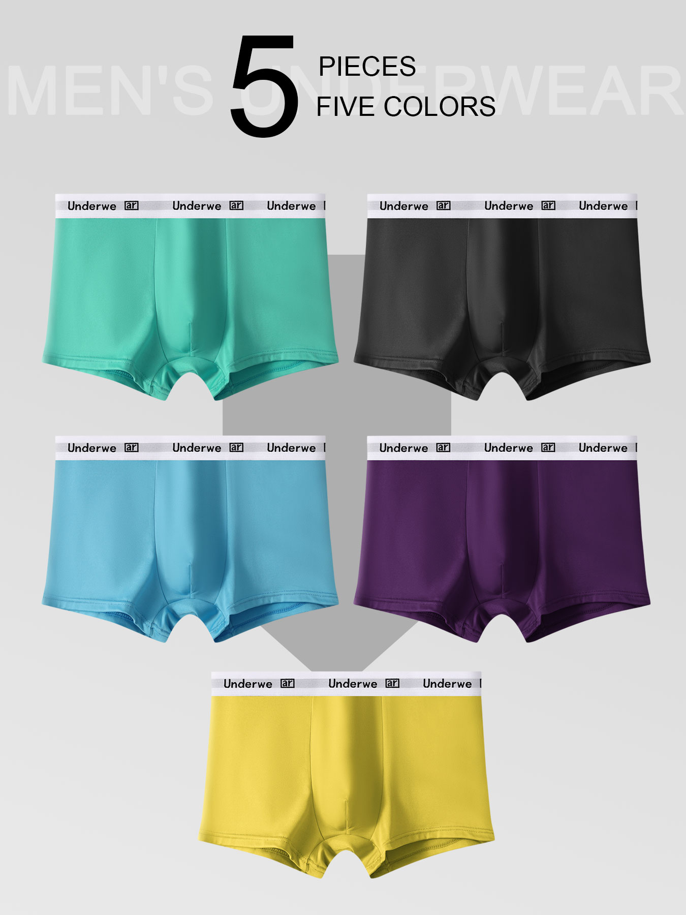 Mens 5 Pack Polyester Boxers Underwe Waistband, Solid Color Boxer Briefs, Lightweight Quick Dry Underwear Multipack
