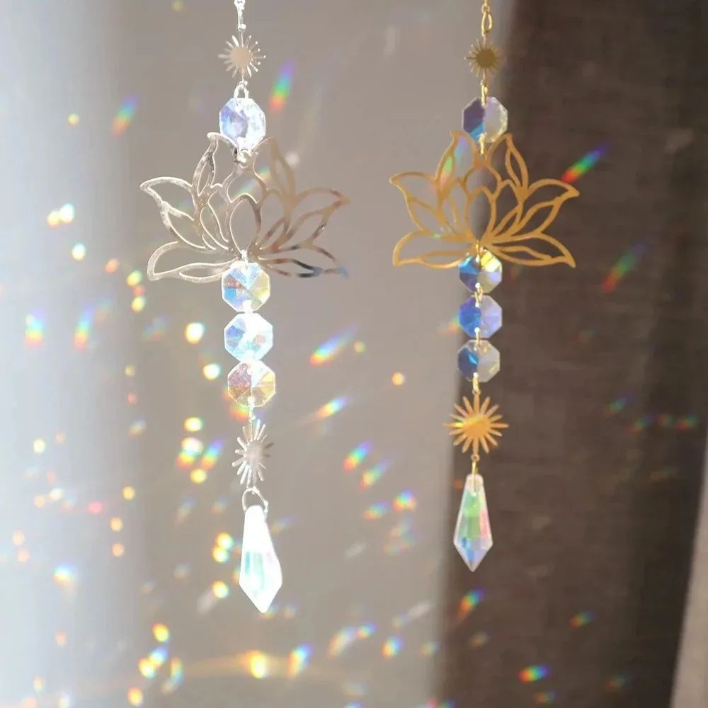 Crystal Lotus Suncatcher Wind Chime – Metal Hanging Charm for Garden, Window & Home Decor