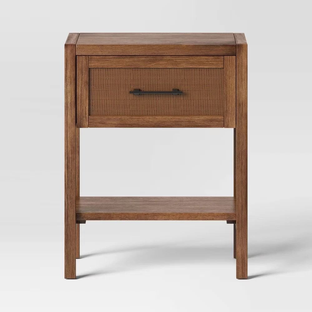 Threshold Warwick End Table with Drawer, Brown Wood Finish & Rattan Mesh, Versatile Accent Side Table for Living Room