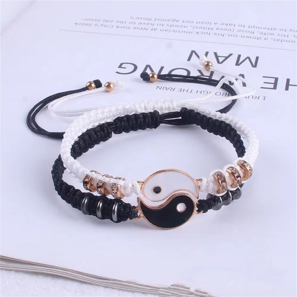 Couple Black White Tai Chi Adjustable Rope Bracelet Set