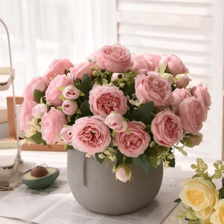 Rose Pink Artificial Peony Bouquet – 12Inch Silk Flower Arrangement for Wedding & Home Decor