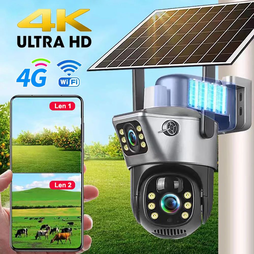4G/WiFi Solar 8MP 4K Dual Lens Outdoor Security Camera with PIR Night Vision and Long Battery Life