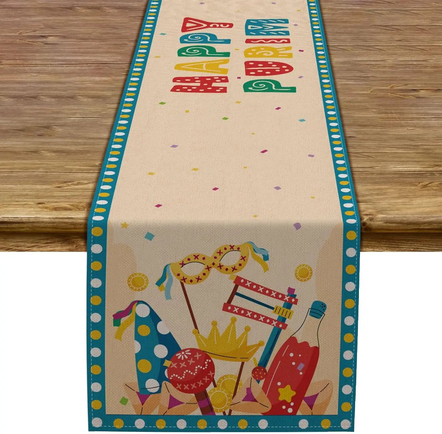 Happy Purim Linen Table Runner Decor