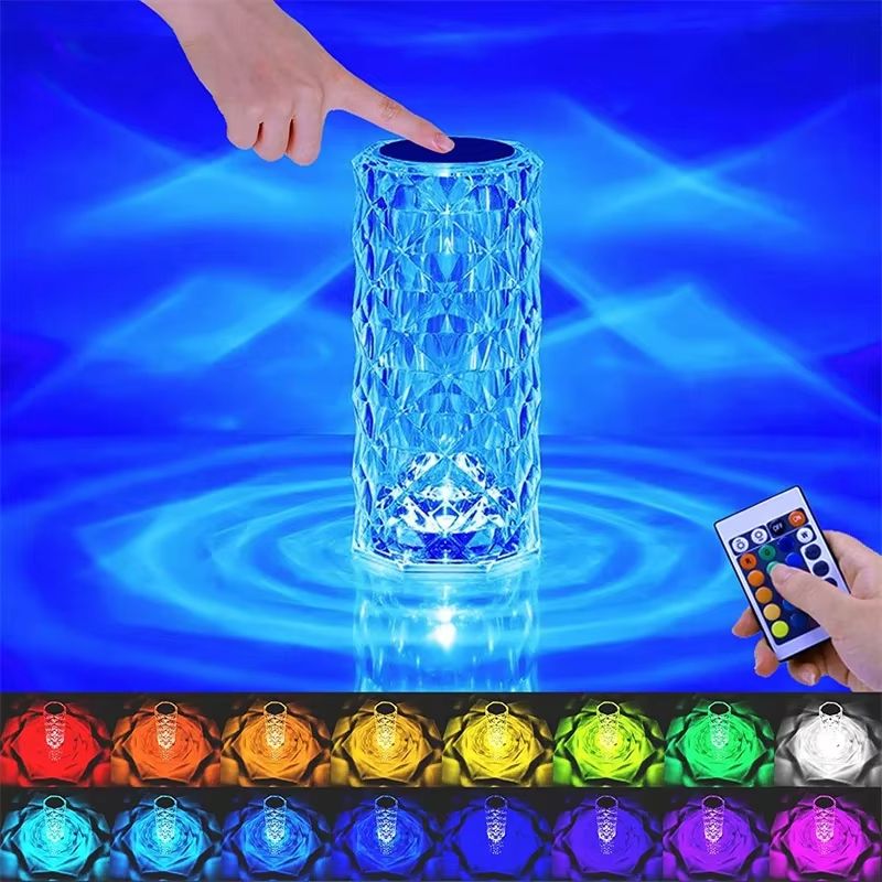 Crystal Diamond Rose Bedside Lamp with 16 Colors, Touch & Remote LED Night Light USB Rechargeable