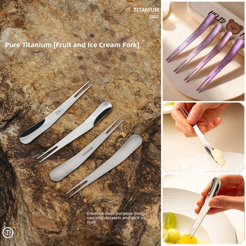 Portable Multistyles Titanium Dessert Fork, Dual-Use Camping Cutlery Fork Spoon, Ultralight Stainless Steel/Titanium