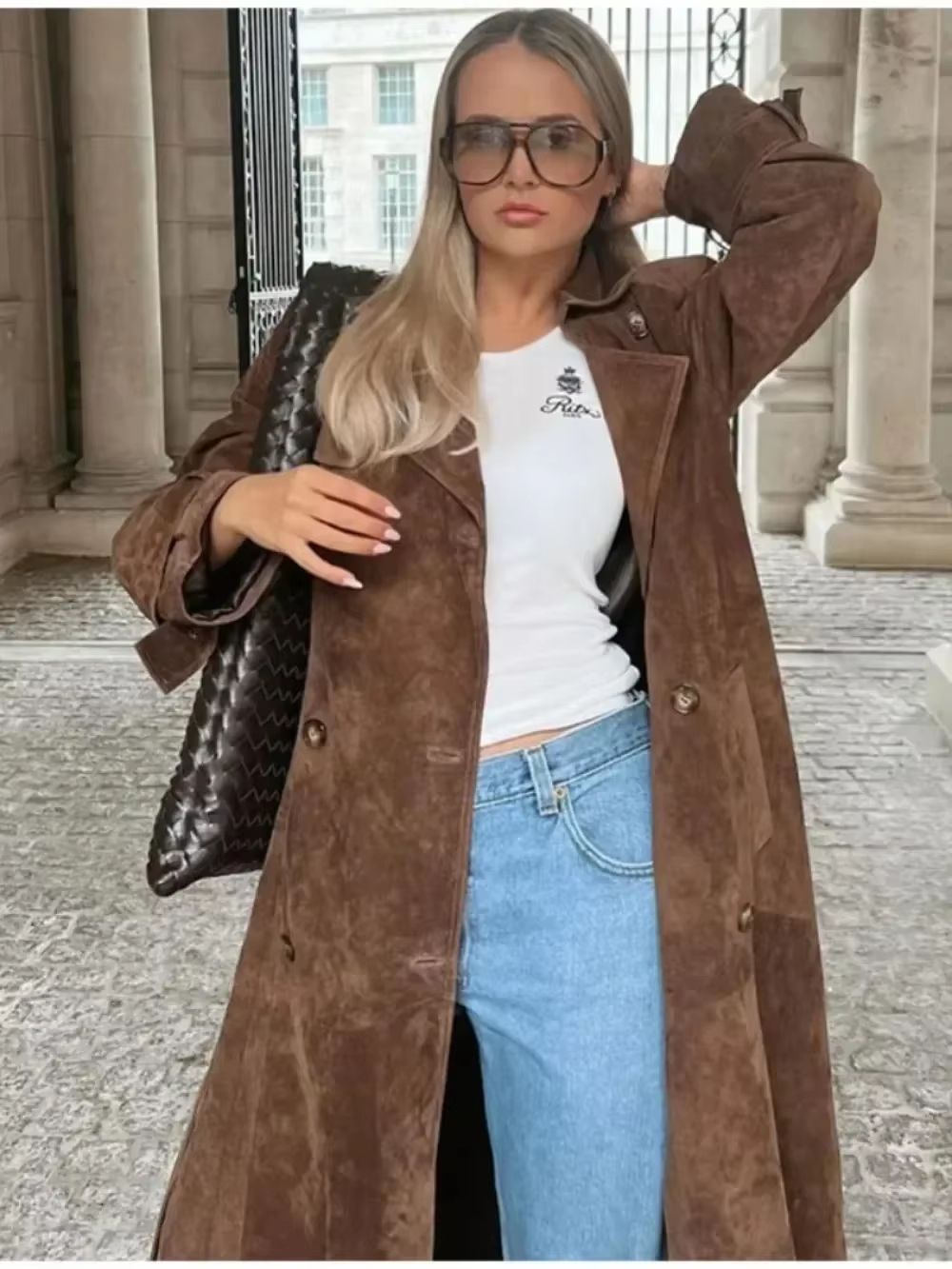 Chic Double Breasted Windbreaker Coat Faux Deer Fur Coat Women Elegant Lapel Autumn Coat