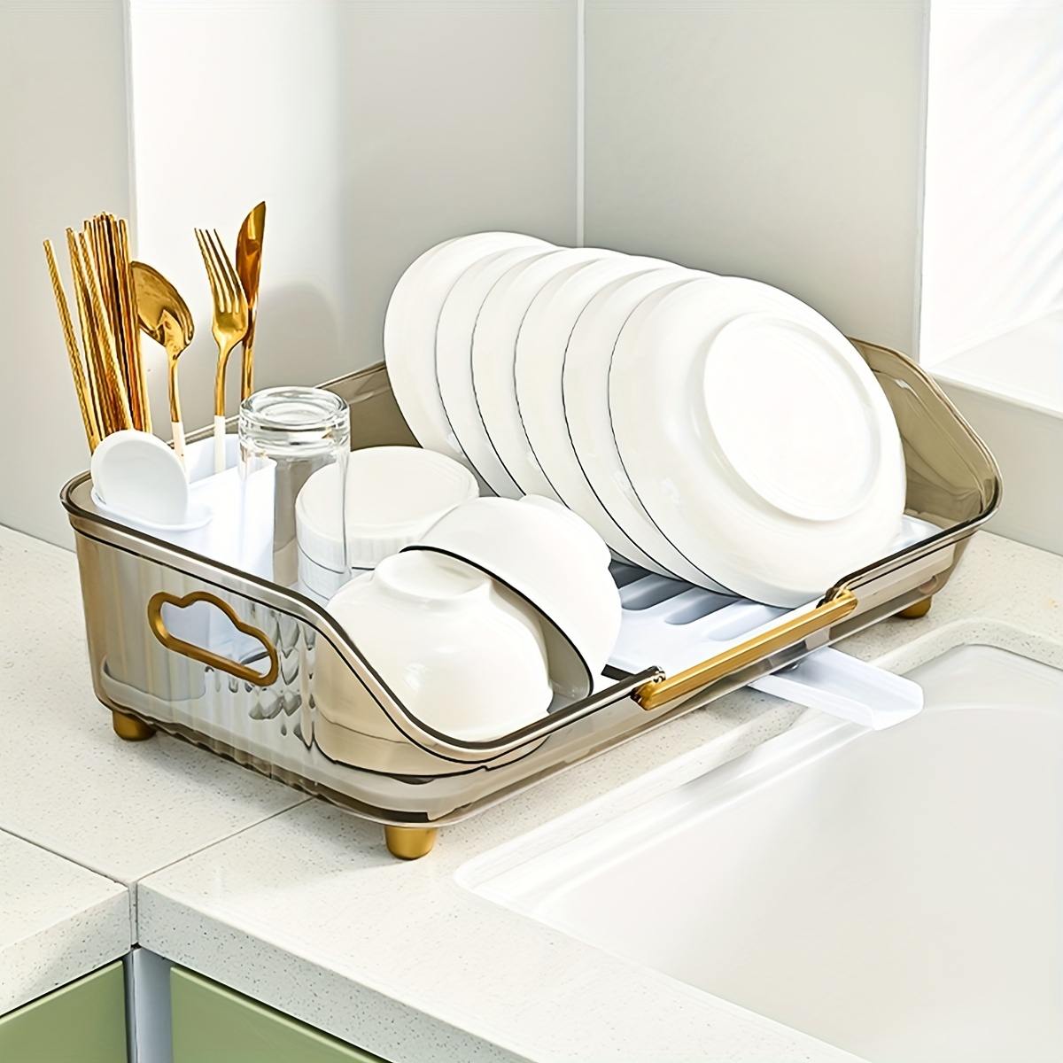 Utensil Holder with Handle for Draining Water, Kitchen Storage Rack, Utensil Storage Rack for Dishes and Bowls