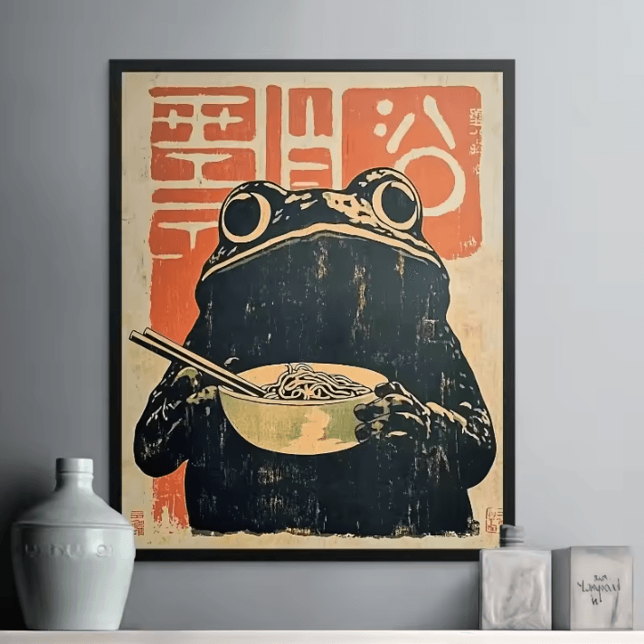 Retro Japanese Frog Ramen Canvas Poster – Kawaii Anime Wall Art for Home & Cafe Decor