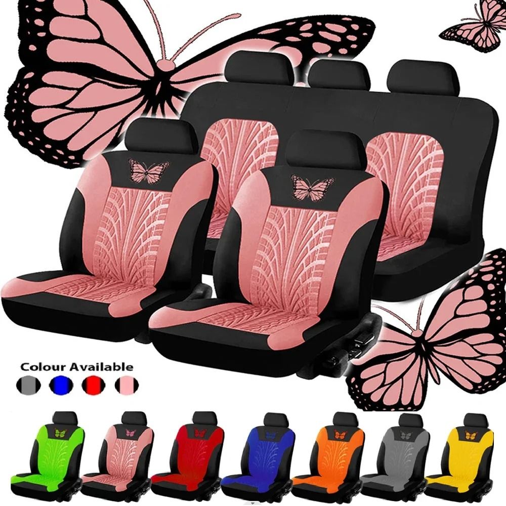 Universal Car Seat Cover Full Set with Butterfly Embroidery Design