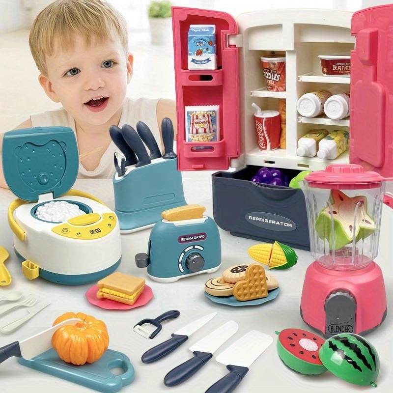 Pretend Play Kitchen for Boys & Girls, Kids Cooking and Baking Playset, Rice Cooker, Microwave, Gas Refrigerator