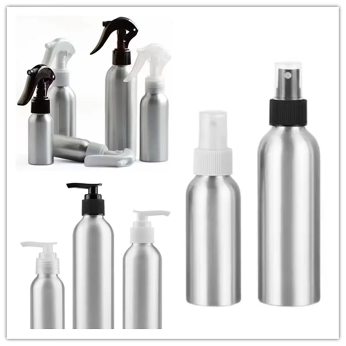 Multi-Size Aluminum Spray & Lotion Bottle Set with Trigger, Fine Mist, and Pump Sprayer
