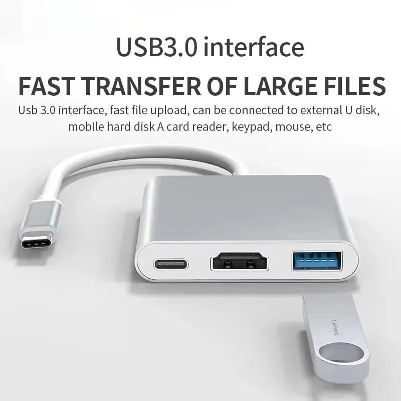 3-in-1 USB-C Hub to 4K HDMI Adapter – USB 3.0 & 60W Type-C Charging Converter for MacBook & Laptops