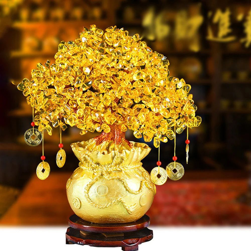 Golden Crystal Wealth Tree Desktop Ornament | Natural Money Bag Shaking Money Tree Gift for Home Office Christmas Decor