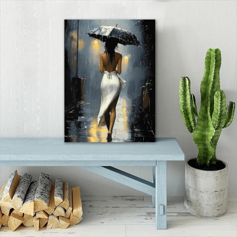 Romantic Rainy Night Canvas Art | Elegant Umbrella Street Scene with Wooden Frame