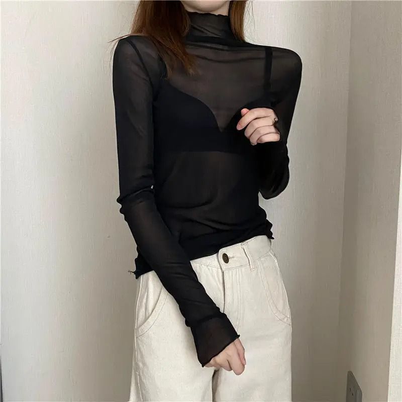 Sheer Transparent Mesh Long-Sleeve Crop Turtleneck Top